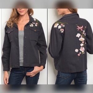 Floral Embroidered Cargo Button Down Jacket